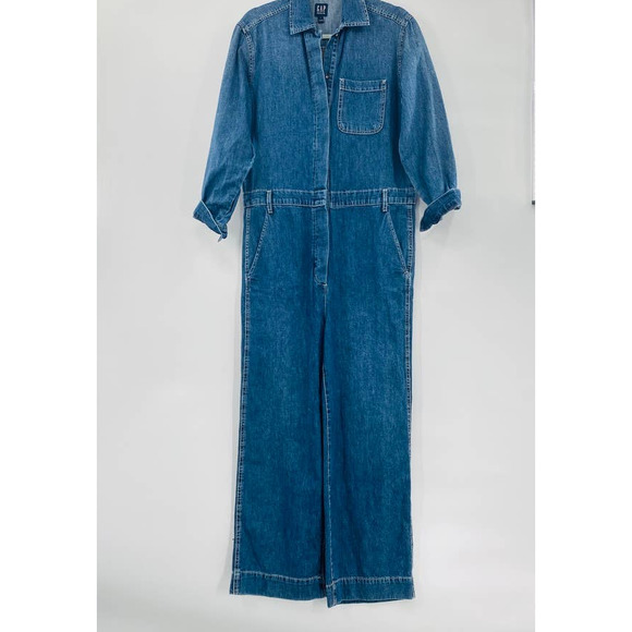 Gap Blue Utility Jumpsuit Denim Carwash Romper Medium Wash Size 2 Wide Leg - Picture 3 of 10